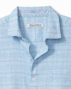 Tommy Bahama Barbados Breeze Playa Plaid Stretch-Linen Long-Sleeve Shirt Aqua Ice Online