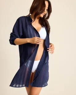 Tommy Bahama Cadiz Chiffon Boyfriend Beach Shirt Mare Navy Clearance