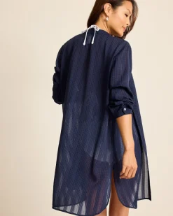 Tommy Bahama Cadiz Chiffon Boyfriend Beach Shirt Mare Navy Clearance