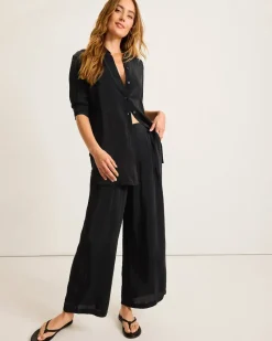 Tommy Bahama Calypso Crepe Boyfriend Beach Shirt Black Outlet