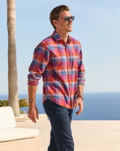 Tommy Bahama Canyon Beach Fireside Check Stretch Flannel Shirt Dockside Blue New