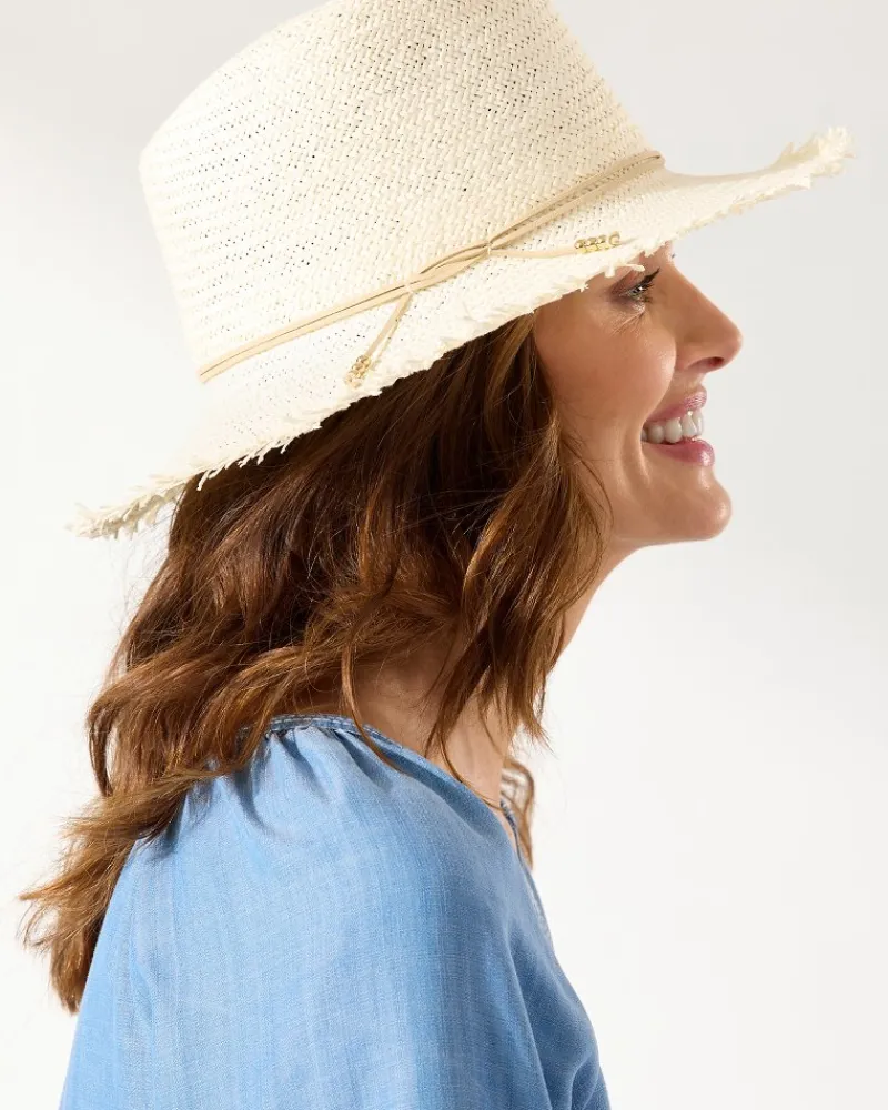 Tommy Bahama Classic Packable Hat with Fringe Bleach/Bone New