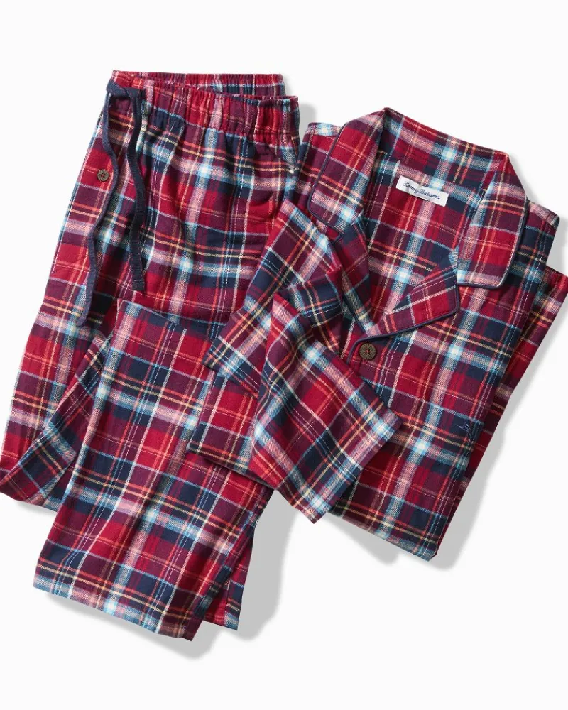 Tommy Bahama Flannel Long Sleeve & Pants Pajama Set Beet Red Sale