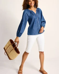 Tommy Bahama Indigo Cove Embroidered Blouse Dark Sky Wash Online