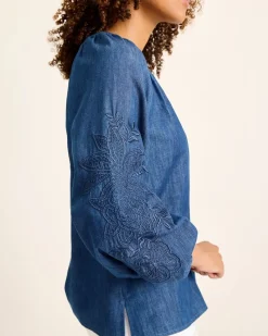 Tommy Bahama Indigo Cove Embroidered Blouse Dark Sky Wash Online