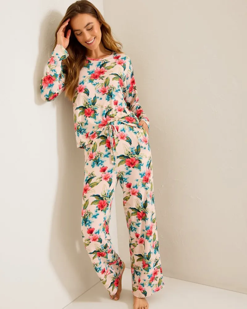 Tommy Bahama Knit Long Sleeve & Pants Pajama Set Coconut Cream Sale