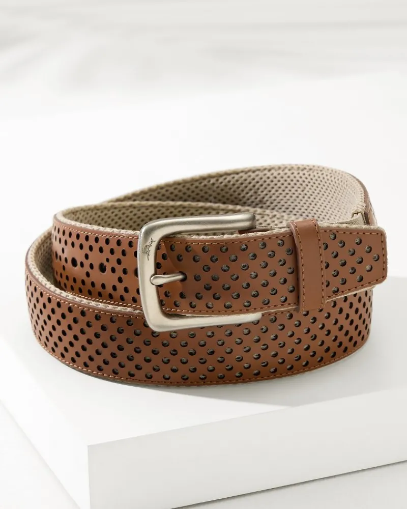 Tommy Bahama Leather Mesh Cushion Performance Belt Tan Hot