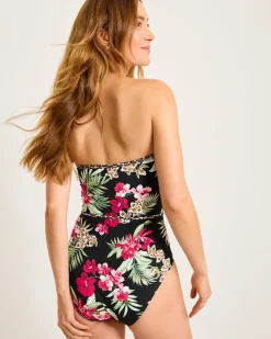 Tommy Bahama Lily Cat Shirred Bandeau One-Piece Swimsuit Black Sale