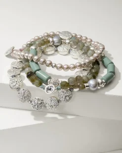 Tommy Bahama Marco Island Beaded Stretch Bracelet Set Silver New