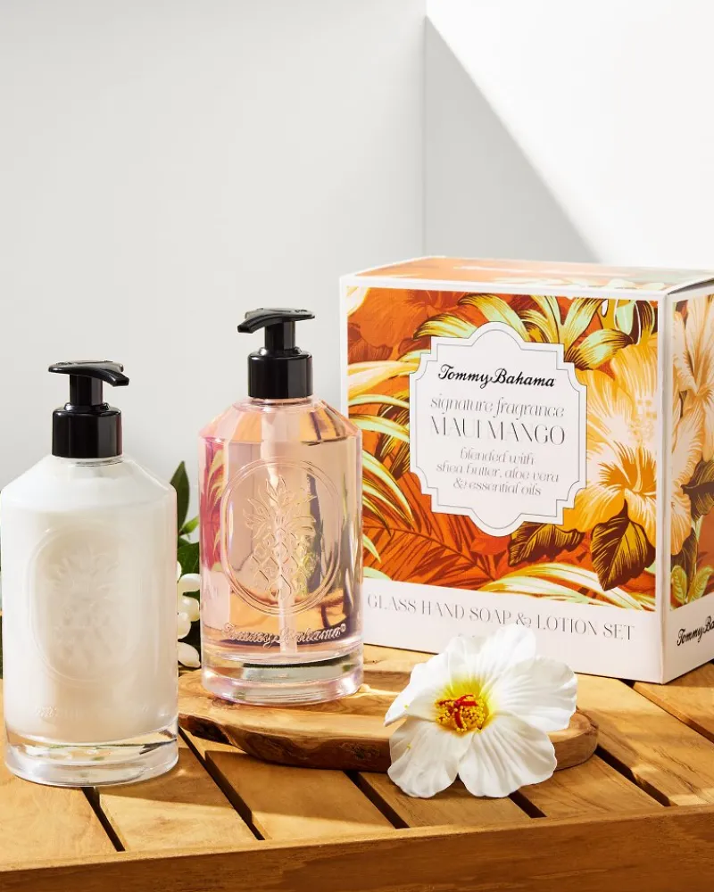 Tommy Bahama Glass Hand Soap & Lotion Set Maui Mango New