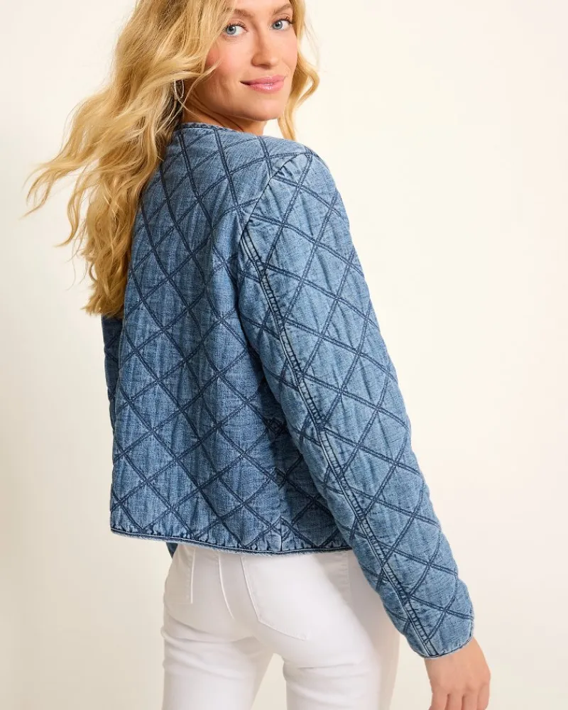 Tommy Bahama Quilted Cropped Denim Jacket Vintage Playa Wash Best