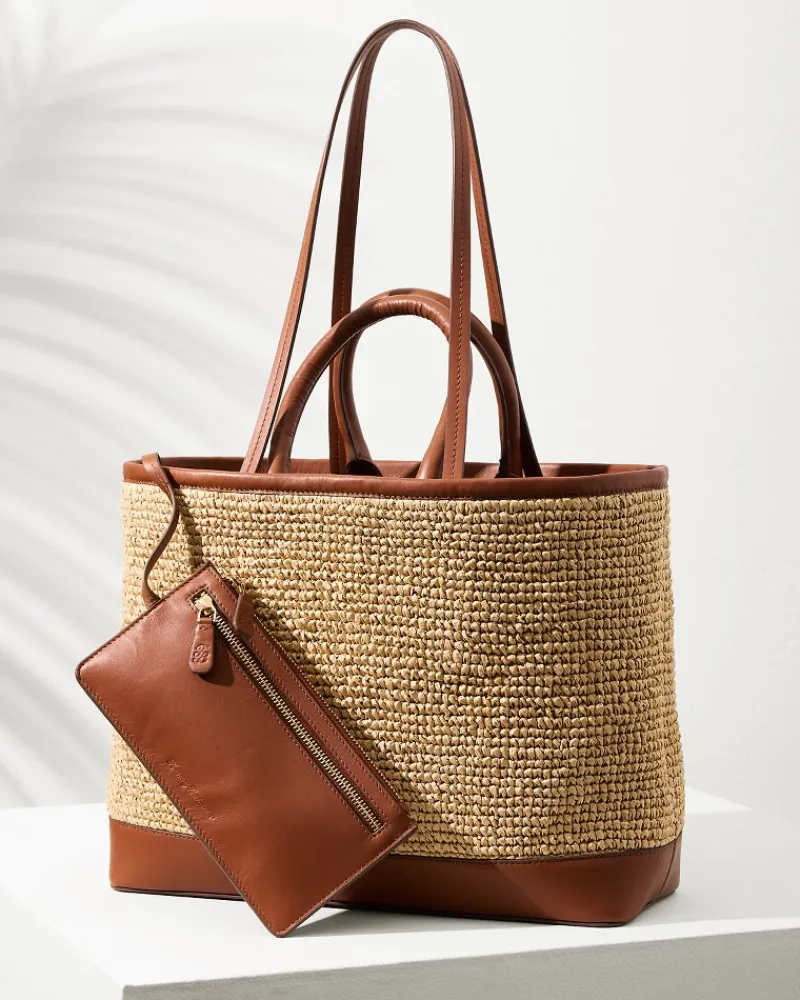 Tommy Bahama Raffia & Leather Pineapple Tote Tan Hot