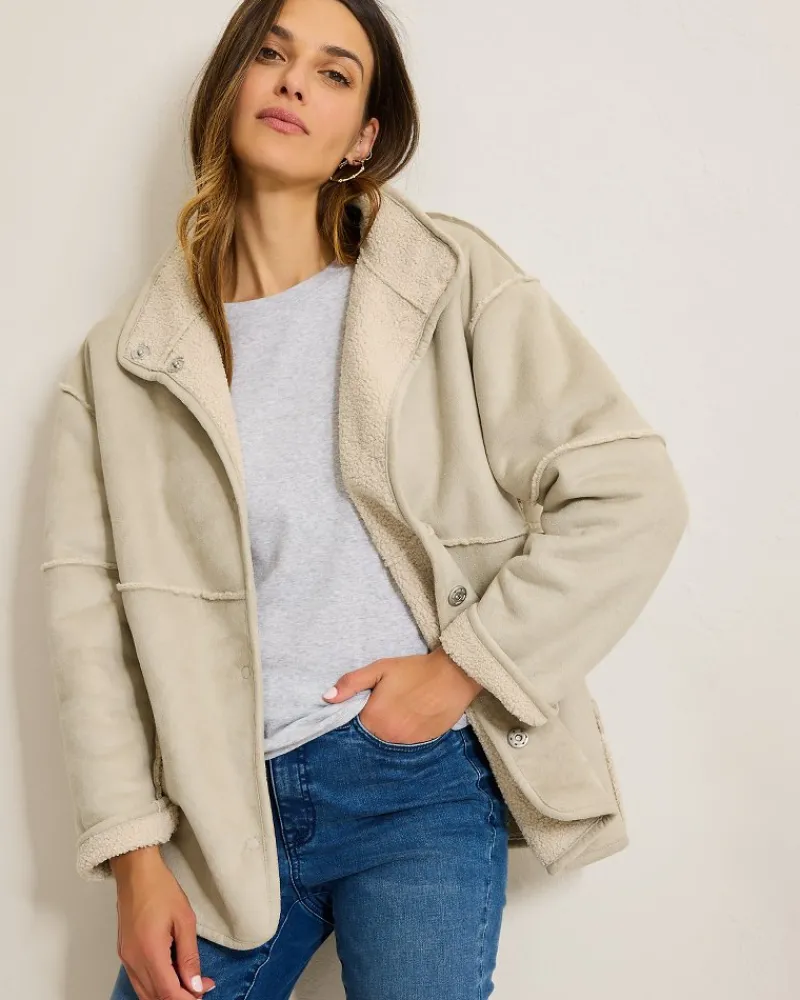 Tommy Bahama Reversible Faux Shearling Coat Oatmeal Hot