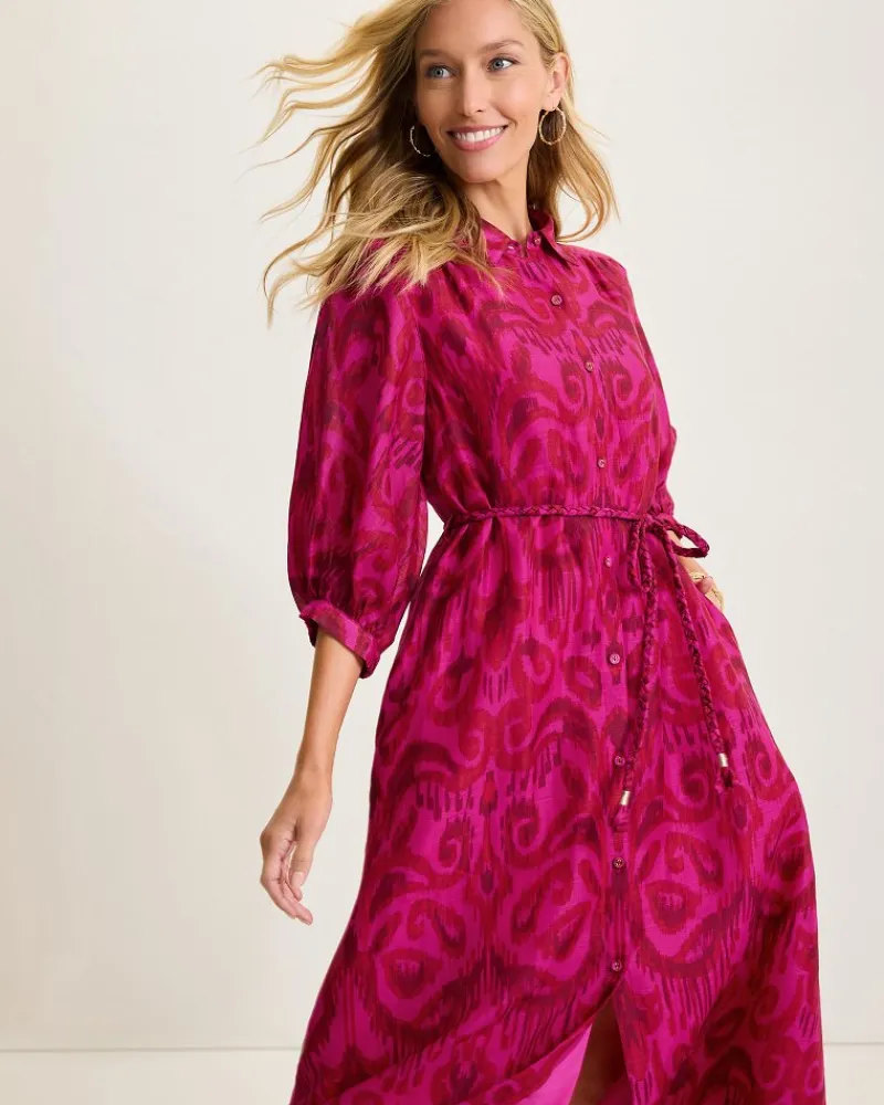 Tommy Bahama Seaside Ikat Midi Shirt Dress Pink Papaya Discount