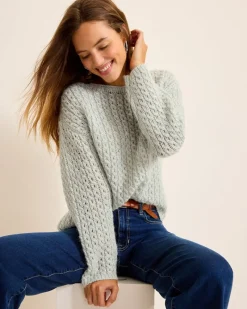 Tommy Bahama Shimmer Cable Boat-Neck Sweater Metallic Silver New
