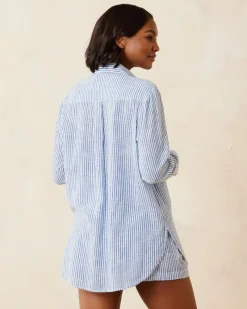 Tommy Bahama Shoreline Stripe Boyfriend Beach Shirt Beaming Blue Online
