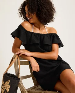 Tommy Bahama St. Lucia Linen-Blend Off-the-Shoulder Coverup Dress Black New