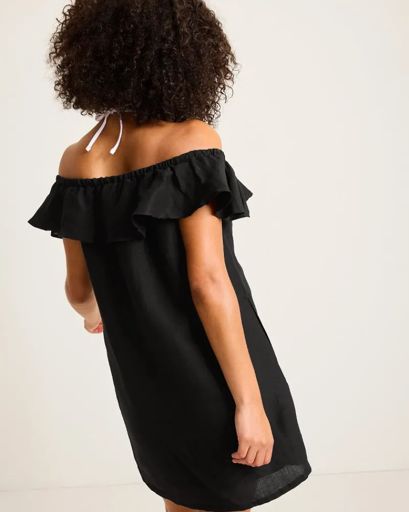 Tommy Bahama St. Lucia Linen-Blend Off-the-Shoulder Coverup Dress Black New