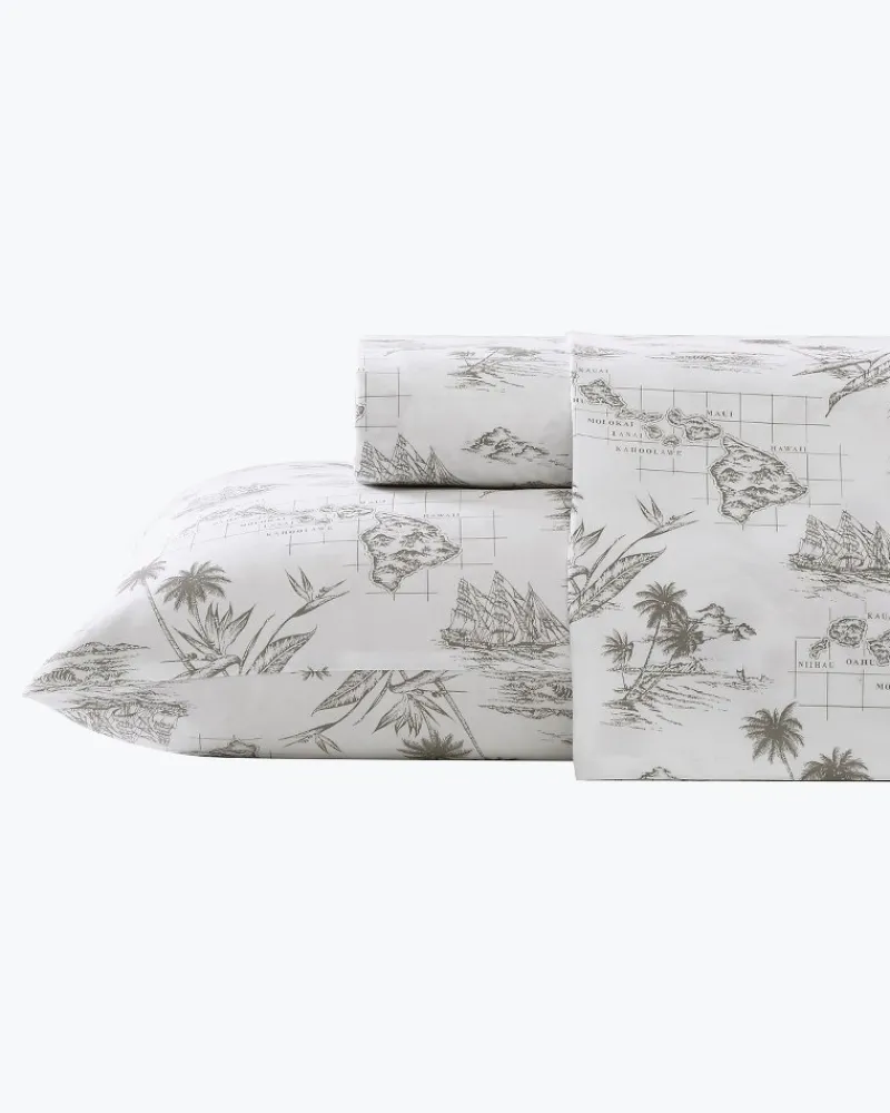 Tommy Bahama Vintage Map 4-Piece Queen Sheet Set Brown New